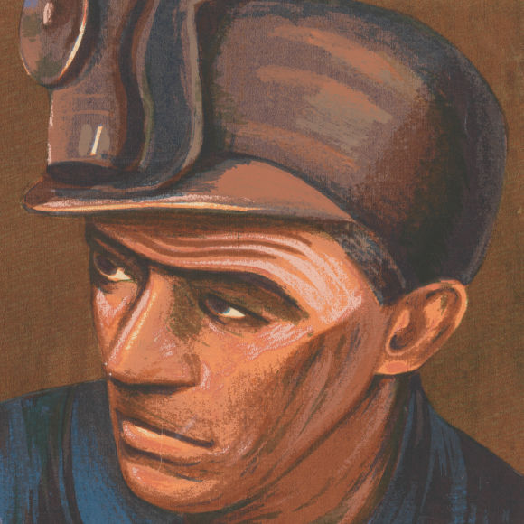 A painting of a man in a miner's cap.